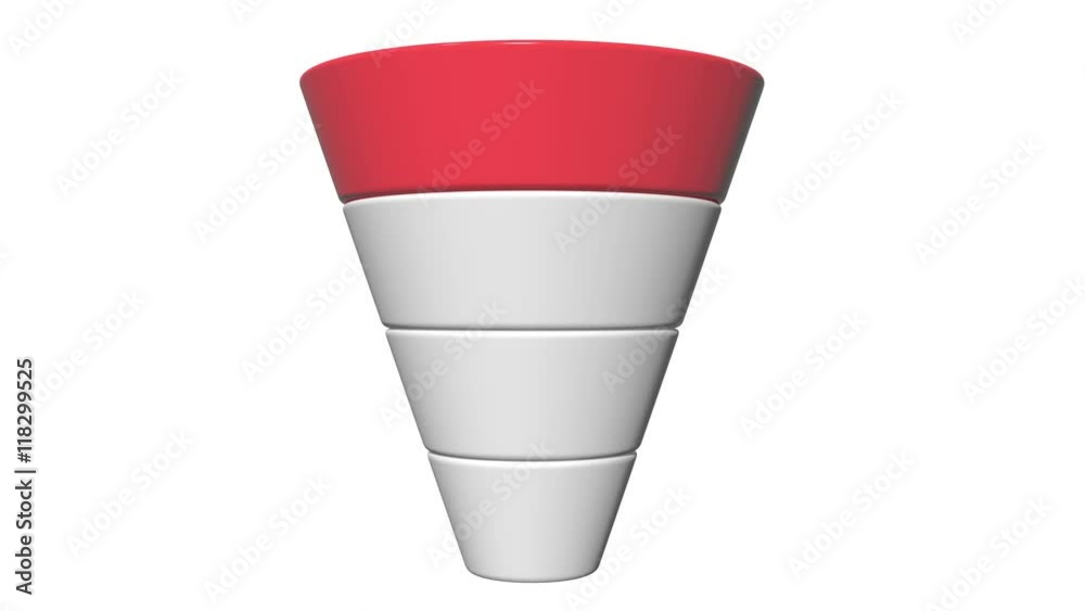3d Marketing Funnel Sales Diagram isolated on white background. Conversion Funnel Sale Chart. Concept of Funnel and Sales. Available in 4K and HD video render footage. Alpha matte channel included.