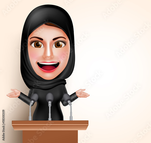 Muslim arab woman talking in microphone in front of conference for politic and women issues pointing blank space with friendly smile. Vector illustration.