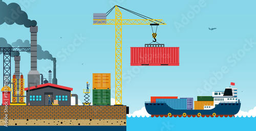 Warehouse and shipping port with a cargo ship.