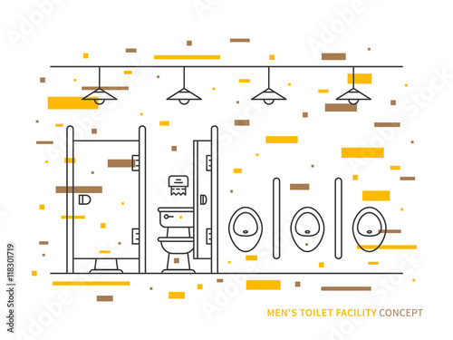 Washroom with urinals and closet basin for men vector illustration. Public toilet line art concept. Male restroom outline graphic design. Lavatory for gentlemen linear interior.