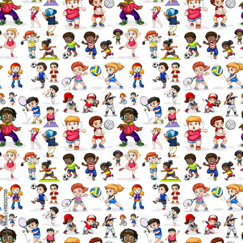 Seamless background with kids doing many sports