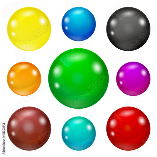 Set of colored spheres on a white background. Coloured balls isolated. Vector illustration of coloured glossy and shiny network sphere icon. Eps 10.