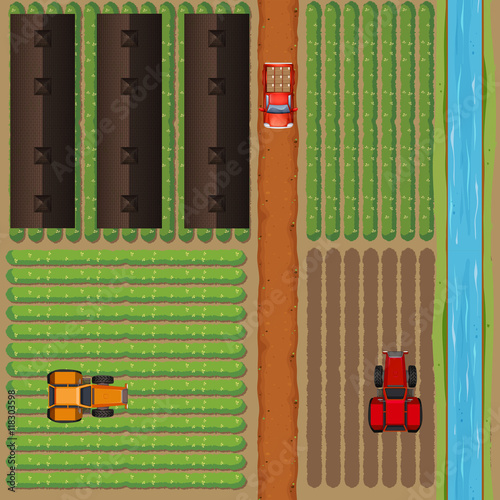 Aerial view of farmland by the river