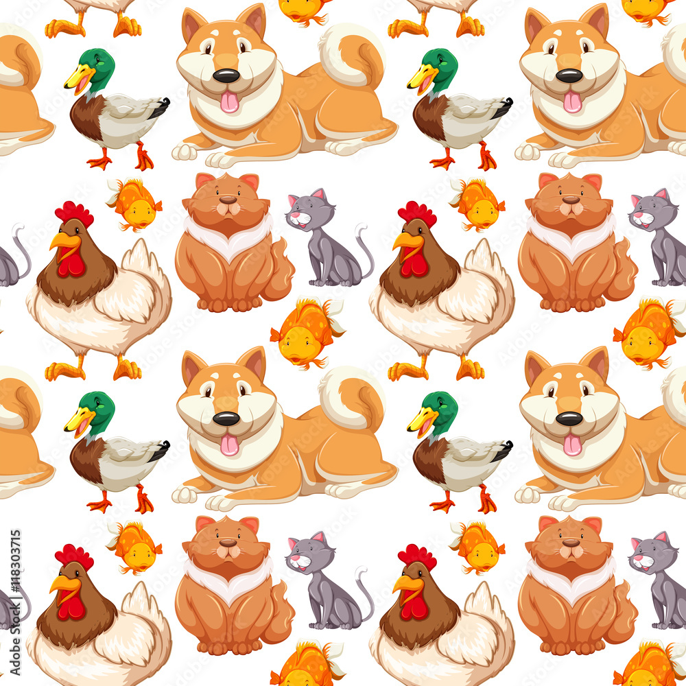 Naklejka premium Seamless background with many cute pets