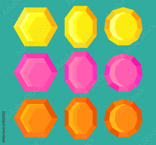 Set 6 colored gems, vector, yellow, pink, and orange, jpg, image, eps. 