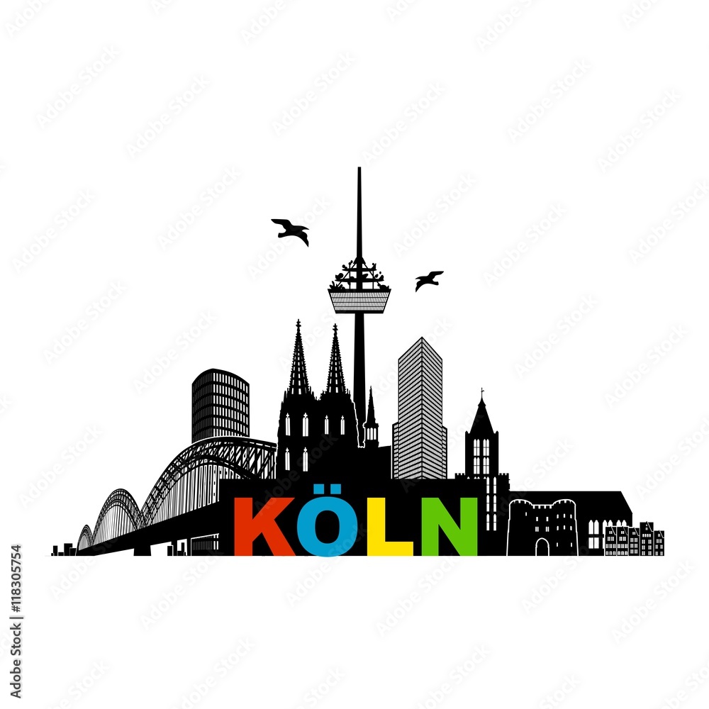 Köln Panorama Skyline Wandtatoo Sehenswürdigkeiten Kölner Dom Hohenzollernbrücke Rathaus Triangle Stadtansicht Städtetour Tourismus bunt schwarz weiß