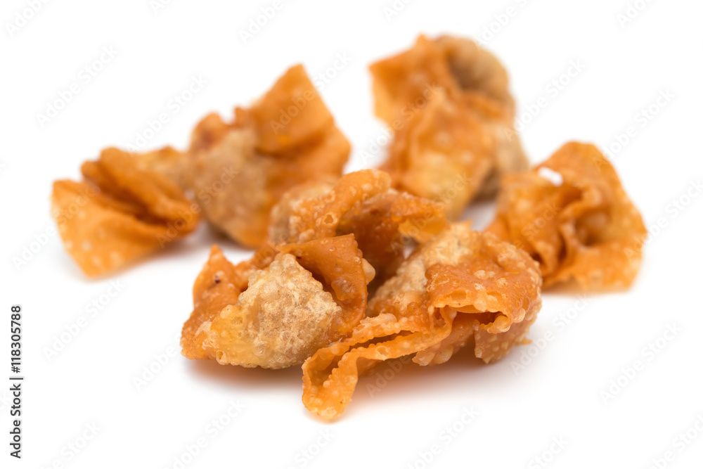 crispy wontons on white background and it is a very popular snack in China