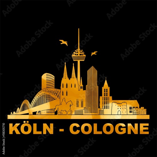 Köln Panorama Skyline Wandtatoo Sehenswürdigkeiten Kölner Dom Hohenzollernbrücke Rathaus Triangle Stadtansicht Städtetour Tourismus Nacht nachts