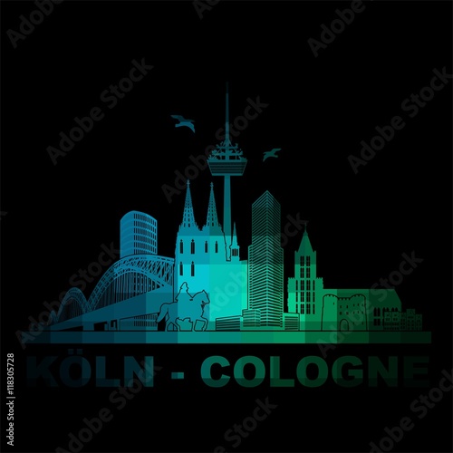 Köln Panorama Skyline Wandtatoo Sehenswürdigkeiten Kölner Dom Hohenzollernbrücke Rathaus Triangle Stadtansicht Städtetour Tourismus Nacht Mosaik vielfältig zusammengesetzt