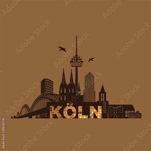 Köln Panorama Skyline Wandtatoo Sehenswürdigkeiten Kölner Dom Hohenzollernbrücke Rathaus Triangle Stadtansicht Städtetour Tourismus gold Glamour edel