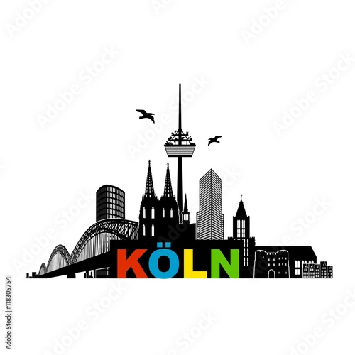 Köln Panorama Skyline Wandtatoo Sehenswürdigkeiten Kölner Dom Hohenzollernbrücke Rathaus Triangle Stadtansicht Städtetour Tourismus bunt schwarz weiß