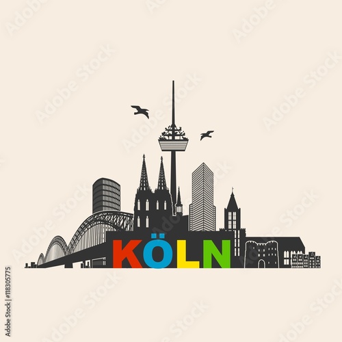 Köln Panorama Skyline Wandtatoo Sehenswürdigkeiten Kölner Dom Hohenzollernbrücke Rathaus Triangle Stadtansicht Städtetour Tourismus bunt