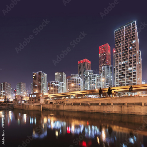 Beijing skyline with Tonghui river at twilight.