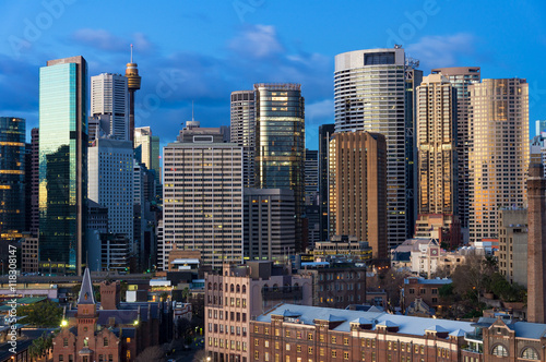 Sydney Central Business District skyscrapers against blue sky on the background. Urban landscape view from above. NSW, Australia