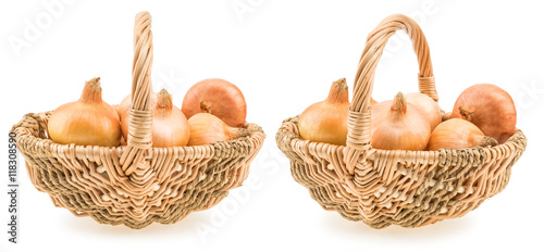 onions in a basket isolated on white background.