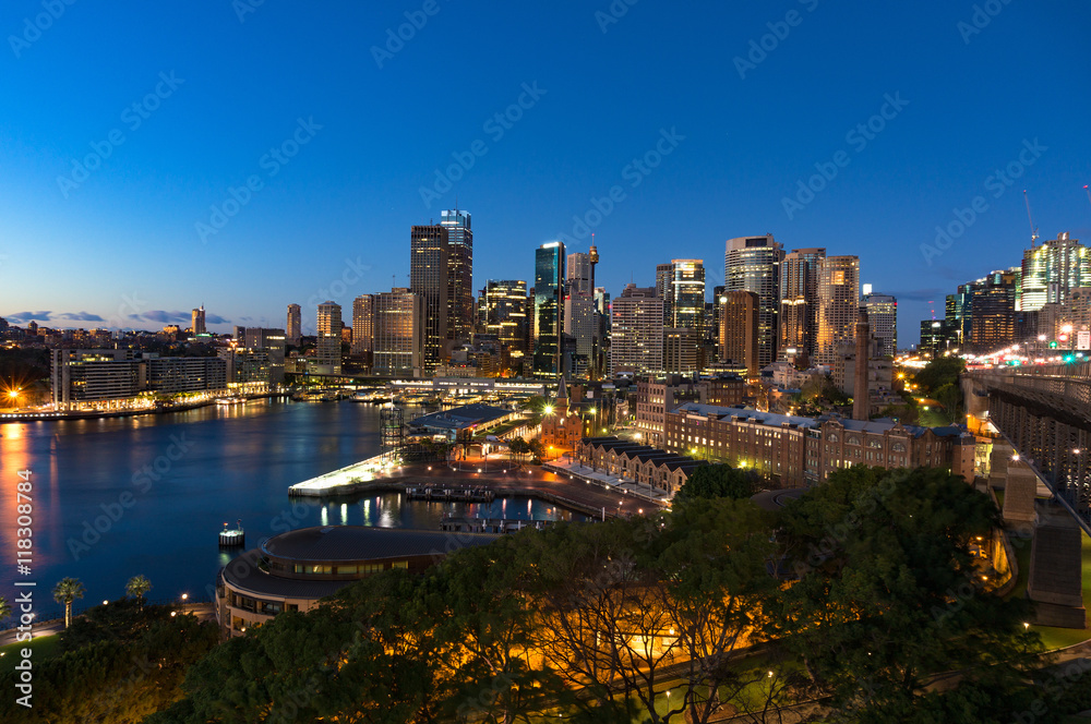 Obraz premium Aerial view of Sydney Central Business District skyscrapers on dusk. Urban landscape view from above. Circular Quay, Australia