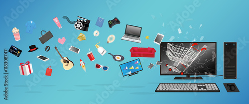 smart device television shampoo guitar gift box cosmetic tube movie film hat pan paper bag shopping cart floating over broken desktop computer
