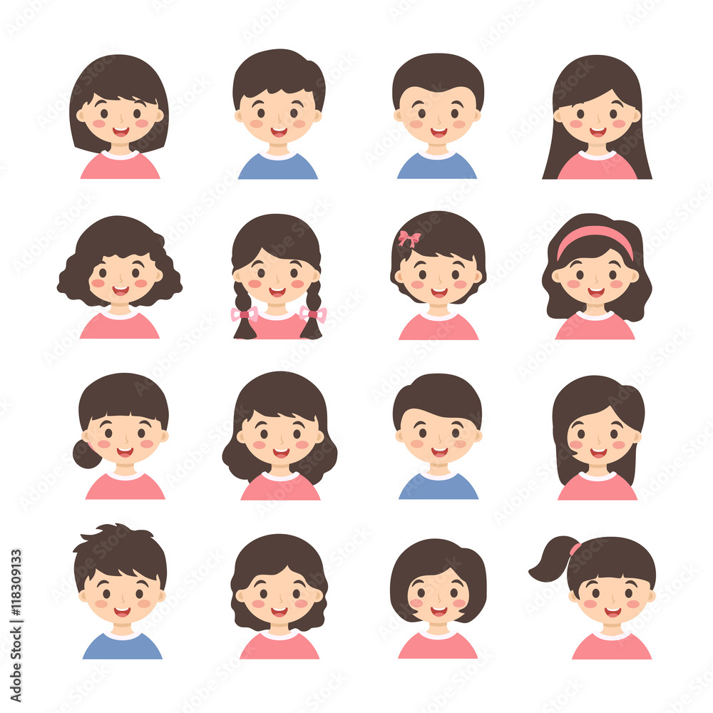 Kids Avatar Cartoon. Set of cute boys and girls character with different  hair style on white background. Stock Vector | Adobe Stock