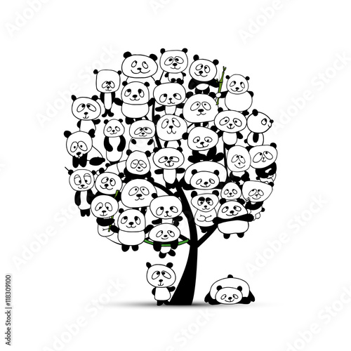 Fototapeta Naklejka Na Ścianę i Meble -  Tree with funny pandas, sketch for your design