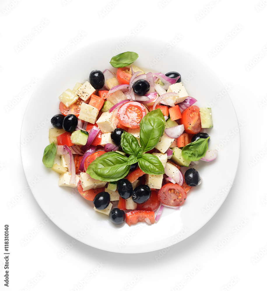greek salad in plate isolated on white background greek salad in plate isolated on white background
