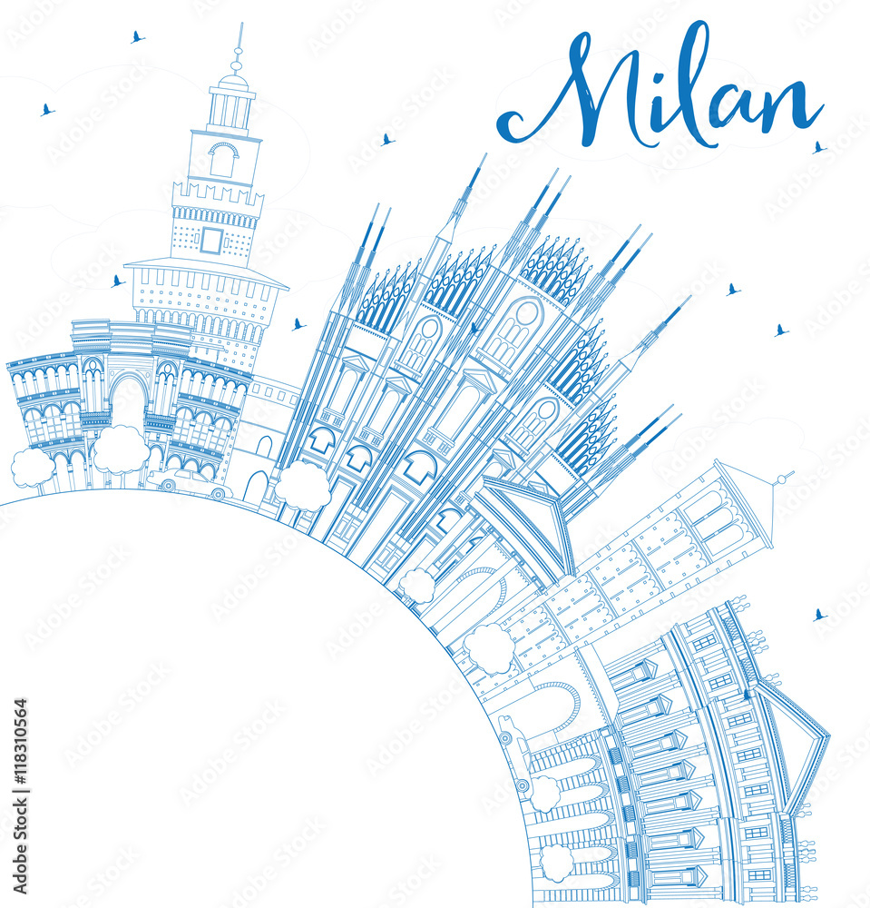 Outline Milan Skyline with Blue Landmarks and Copy Space.