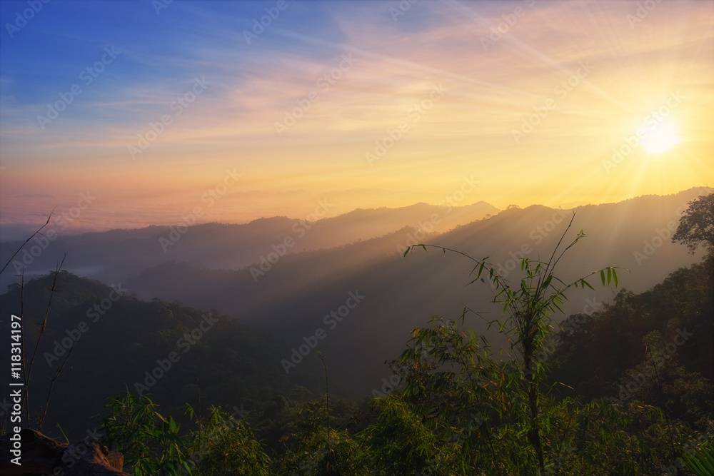 Sunrise colorful mountain scenic in morning , kanchanaburi, thailand