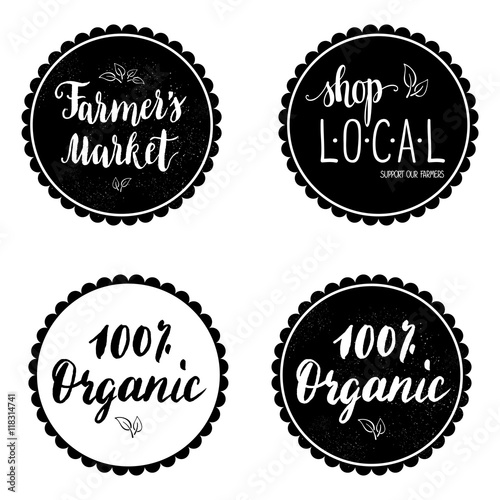 Set of four labels, stickers with hand written farmer's market, shop local text. Badges. Vector.