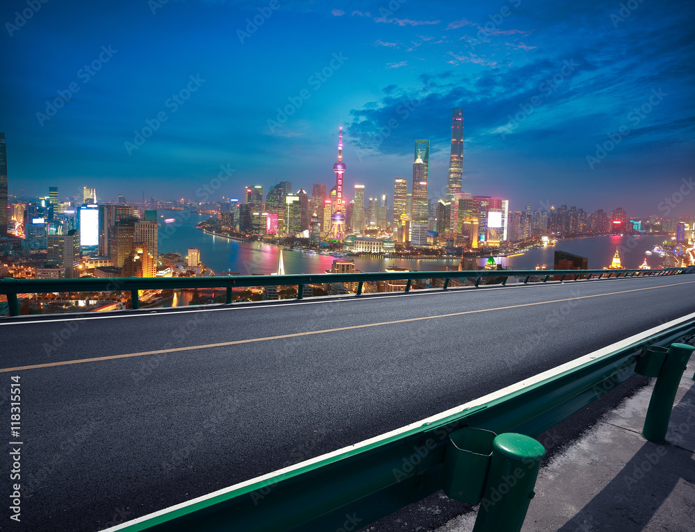 Empty road floor with bird-eye view at Shanghai bund Skyline