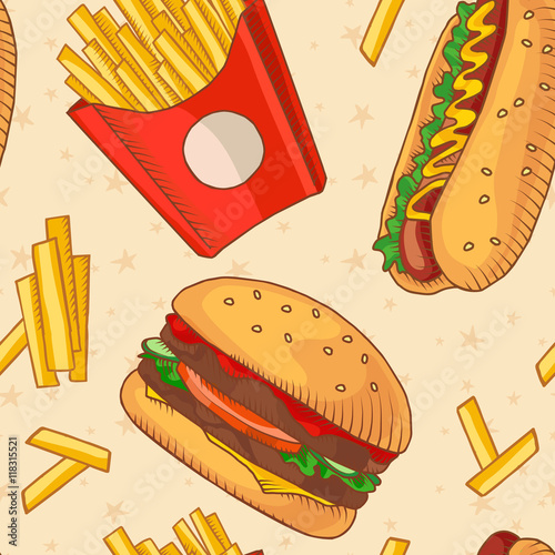 Fast food. Set of cartoon vector icons on the seamles pattern