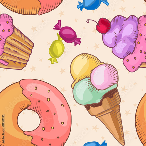 Fast food. Set of cartoon vector icons on the seamles pattern