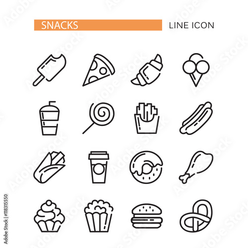 Fast food. Set of lined vector icons.