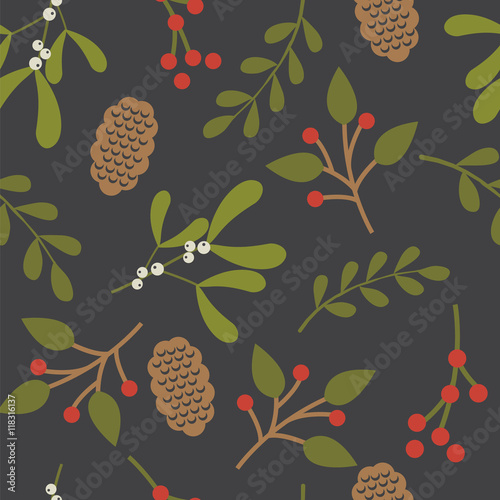 Seamless christmas background with leaf and mistletoe design