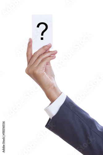 Businessman hand showing someone his business card with Question mark 