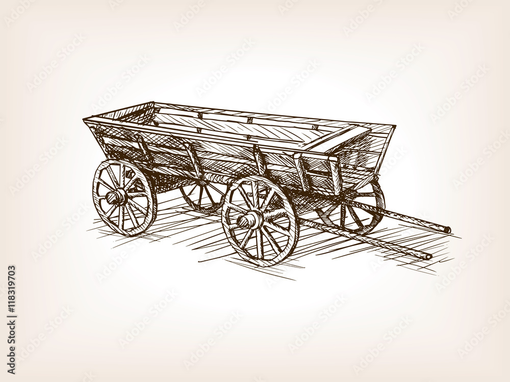 Vintage wooden cart hand drawn sketch vector