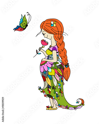 Beautiful pregnant woman with butterfly, sketch for your design