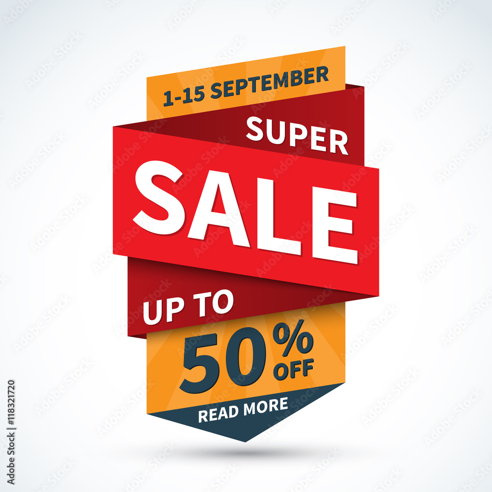 Super sale banner. Discount label. Up to 50 percent off vector background. Half price colorful sticker. Special offer concept. Shopping badge Super sale banner. Discount label. Up to 50 percent off vector background. Half price colorful sticker. Special offer concept. Shopping badge