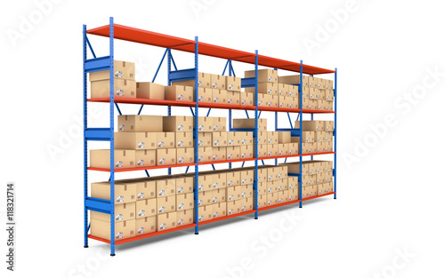 Warehouse rack full of cardboard boxes. 3d rendering photo