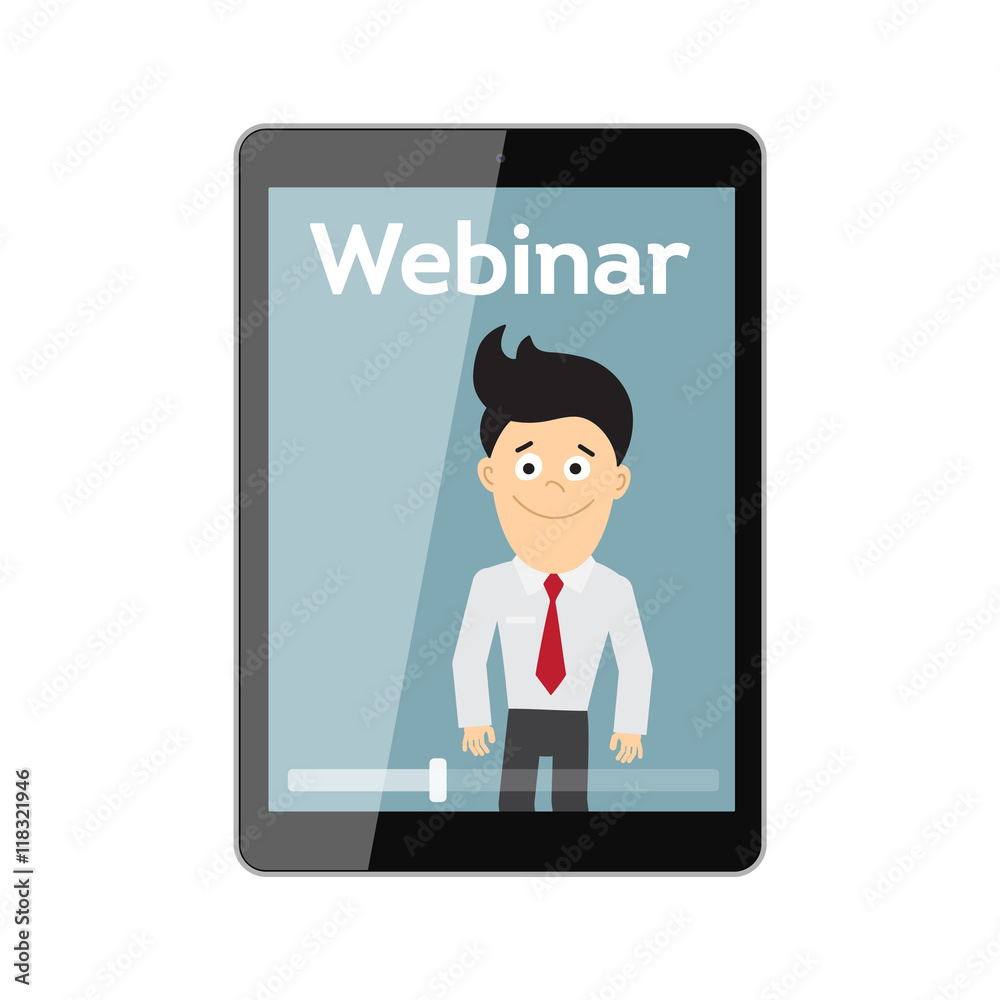 Online webinar concept. Tablet monitor with teacher, tutor, businessman. Online learning or e-learning. Online webinar concept. Tablet monitor with teacher, tutor, businessman. Online learning or e-learning.