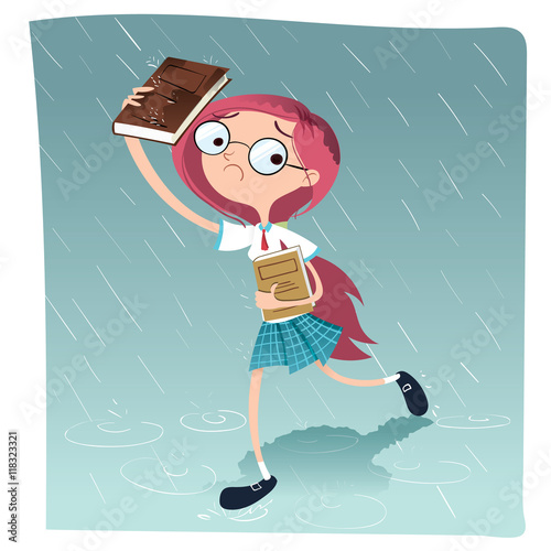 schoolgirl walking in the rain.