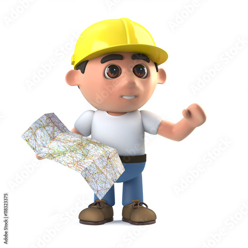 3d Construction worker reading a map