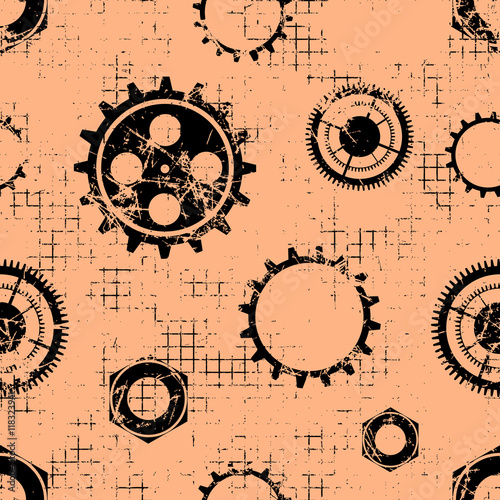 Vector seamless patterns with mechanism of watch. Creative geometric coral grunge backgrounds with gear wheel. Texture with cracks, ambrosia, scratches, attrition. Graphic illustration. photo