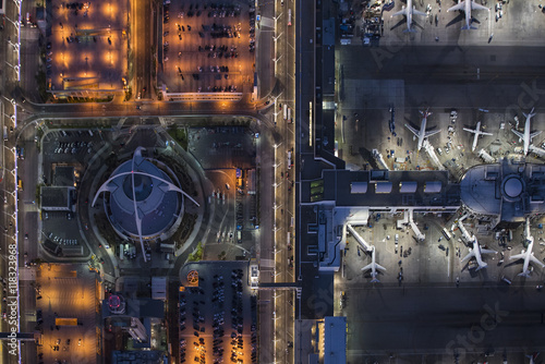 Aerial view of airplanes parked in airport gate photo