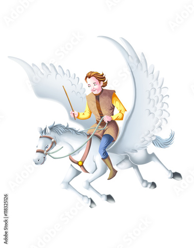 Man rides on flying white h...