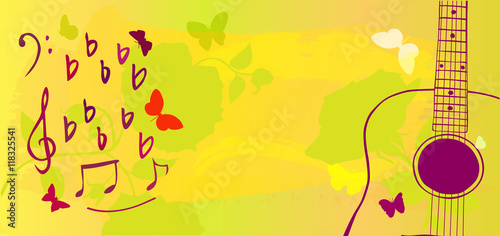 Vector flier with musical notes, butterflies and guitar