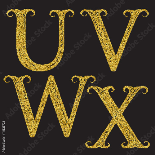 U, V, W, X golden glittering letters. Vintage font with gold halftone effect.