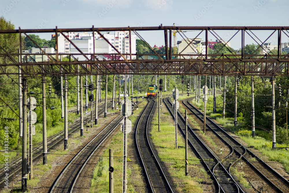 Railway station with train. Urban view Railway station with train. Urban view