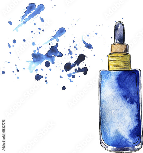 Blue bottle of creme or perfume drawn by watercolor and ink. Hand drawn vector illustration.