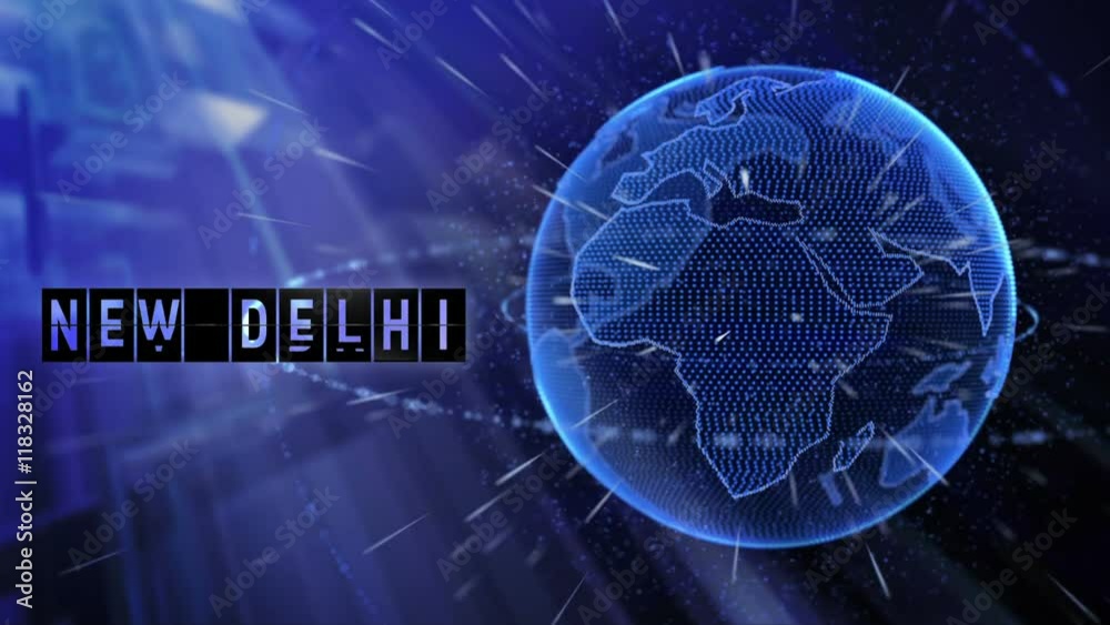 3d animated planet earth with a billboard and the destination of the city of New Delhi