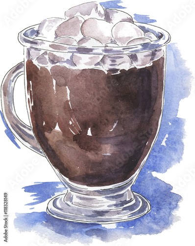 Cup of hot chocolate, cocoa or coffee with marshmallow drawn by ink and watercolor. Hand drawn vector  illustration.