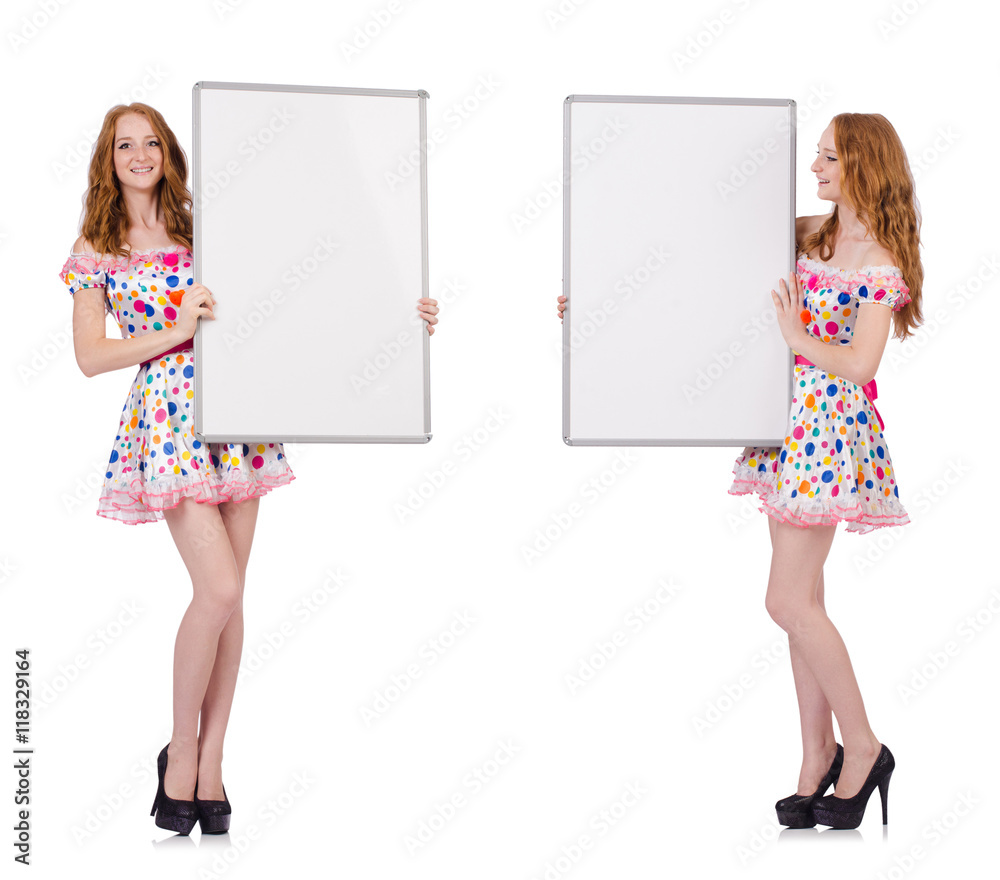 Young woman with blank poster isolated on white
